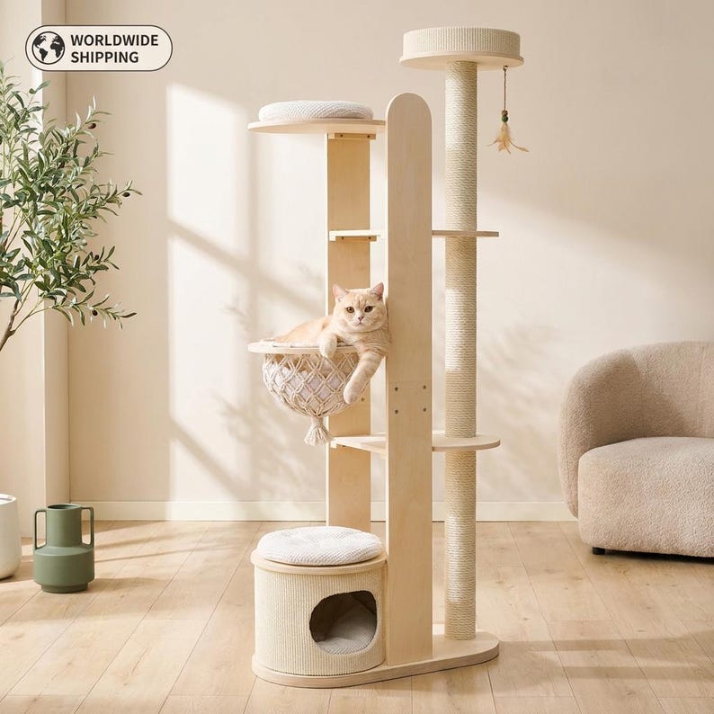 Cat Tree for Large Cats, Modern Wood Tower, 72 Inch Tall, Hammock, Sisal Post, Pet Furniture - 1a lifestyle hero v8