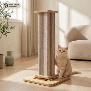 Modern Cat Scratching Post, Tall Sisal Scratcher, Sturdy Wood Base, Interactive Cat Toy, Gift for Indoor Cats