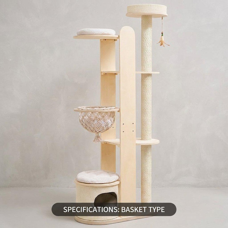 Cat Tree for Large Cats, Modern Wood Tower, 72 Inch Tall, Hammock, Sisal Post, Pet Furniture - variation specifications basket type