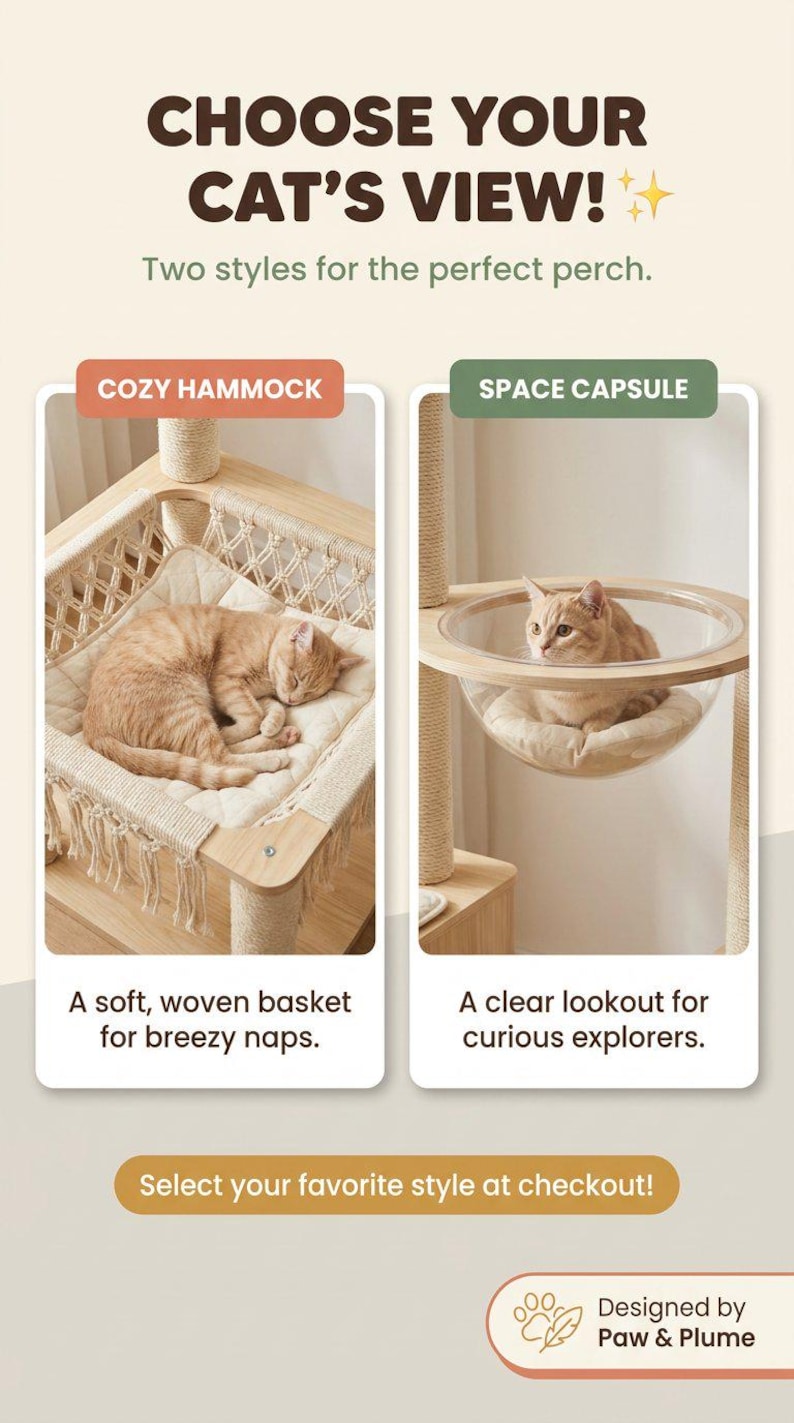 Cat Tree for Large Cats, Modern Wood Tower, 72 Inch Tall, Hammock, Sisal Post, Pet Furniture - color choice graphic