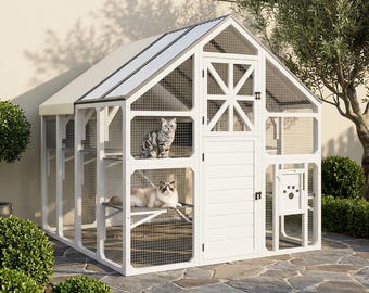 Walk-In Catio for 2-8 Cats, Large Weatherproof Wood Enclosure, Outdoor Multi-Cat Playpen, Backyard Sanctuary