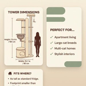 Cat Tree for Large Cats, Modern Wood Tower, 72 Inch Tall, Hammock, Sisal Post, Pet Furniture - size chart graphic