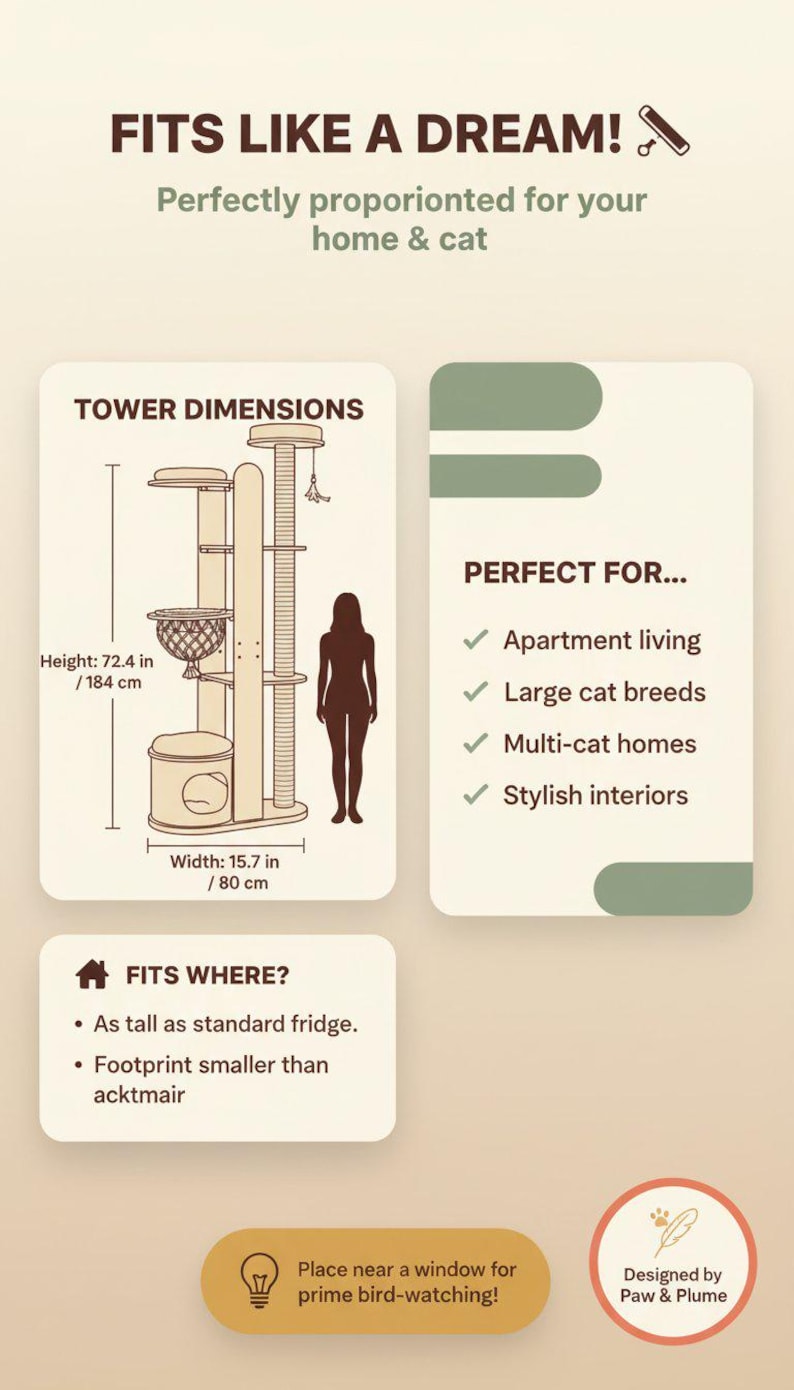 Cat Tree for Large Cats, Modern Wood Tower, 72 Inch Tall, Hammock, Sisal Post, Pet Furniture - size chart graphic