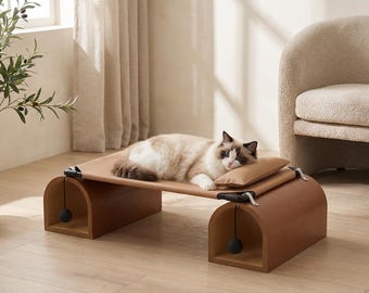 Amaca moderna per gatti, lettino a tunnel in legno, tessuto antigraffio, accogliente angolo rialzato per gatti, regalo unico per felini.