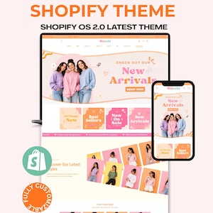 May include: A digital display of a Shopify OS 2.0 website theme featuring a light pink and orange colour palette. The layout includes a hero banner with text reading New Arrivals, product category boxes, and a grid of clothing images on a laptop.