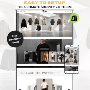 以下が含まれることがあります： Shopify 2.0ウェブサイトテーマのデジタル表示。パーカー、Tシャツ、ショートパンツなどの衣料品コレクションが掲載されています。インターフェースには製品ギャラリー、モバイルビュー、およびEASY TO SETUP THE ULTIMATE SHOPIFY 2.0 THEMEというテキストが表示されています。