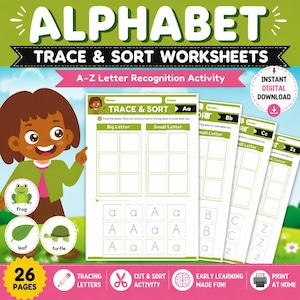 Alphabet Trace and Sort Worksheets | A-Z Letter Recognition Activity (Digital Download)