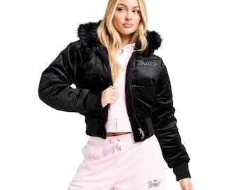 Juicy Couture Velour Puffer Jacket - Faux Fur Hood, Rhinestone streetwear - Y2K Diamante Zip-Up Coat,