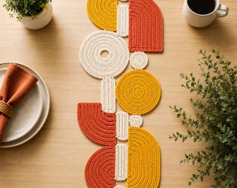 Crochet Table Runner Pattern, Geometric Boho Dining Decor, Mustard Terracotta (PDF Download)