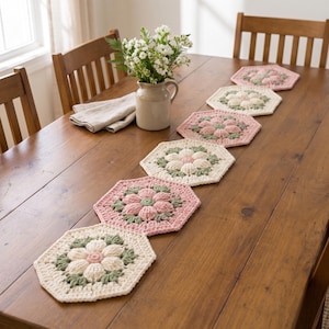 Puede incluir: Un camino de mesa compuesto por seis motivos de ganchillo hexagonales conectados, cada uno con un diseño floral central en tonos crema, rosa suave y verde salvia. El camino está dispuesto en un patrón lineal, mostrando texturas de hilo.