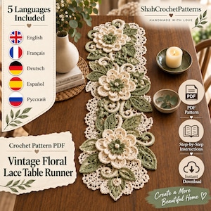 Floral Lace Table Runner Crochet Pattern PDF, Layered Flower Leaf Centerpiece, Vintage Home Decor, 5 Languages