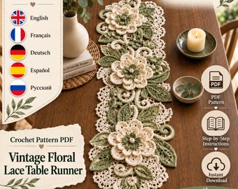 Floral Lace Table Runner Crochet Pattern PDF, Layered Flower Leaf Centerpiece, Vintage Home Decor, 5 Languages