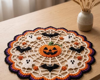Halloween-Spinnennetz-Deckchen-Häkelanleitung (PDF), Kürbis-Geist-Fledermaus-Tischdecke, runde Unterlage aus Spitze