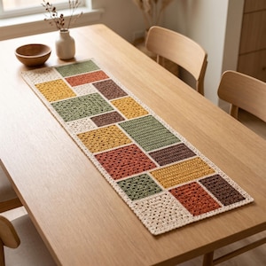 Chemin de table carré « Grand-mère » (PDF), modèle de patchwork au crochet, décoration de salle à manger automnale à télécharger