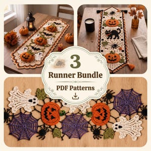 May include: A digital bundle of 3 crochet table runner PDF patterns featuring Halloween motifs including orange pumpkins, white ghosts, black cats, spiders, and purple spiderwebs. The text 3 Runner Bundle PDF Patterns is centered in the image.
