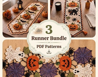 Häkelanleitung für einen Tischläufer (PDF-Bundle), Halloween-Deko mit Kürbis, Geist und Spinnennetz, Landhausstil – Sofort-Download