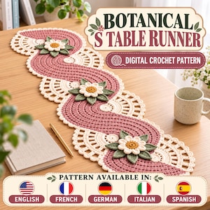 Puede incluir: Un camino de mesa de ganchillo con un centro ondulado rosa empolvado, bordes en forma de abanico color crema y aplicaciones florales tridimensionales en blanco, amarillo y verde salvia. El texto dice BOTANICAL TABLE RUNNER y DIGITAL CROCHET PATTERN.