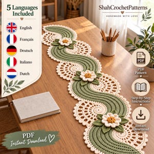 Patrón PDF para camino de mesa de ganchillo con estampado floral salvia, decoración botánica con encaje paisley para el hogar (descarga digital)