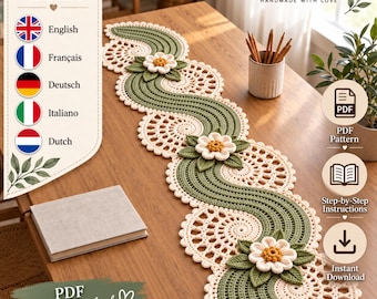 Häkelanleitung für einen Tischläufer mit Salbei-Blumenmuster (PDF), botanische Paisley-Spitze für die Heimdekoration (Digitaler Download)