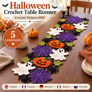 May include: A Halloween crochet table runner pattern PDF featuring repeating motifs of orange jack-o'-lanterns, white ghosts, purple spider webs, green leaves, and black spiders. The text reads Halloween Crochet Table Runner Crochet Pattern PDF.