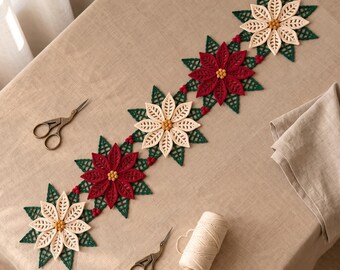 Poinsettia Crochet Table Runner Pattern PDF, Christmas Floral Lace, Red Ivory Holiday Centerpiece