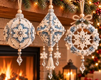 Snowflake Ornament Crochet Pattern PDF, Heirloom Christmas Bauble, Crystal Drop & Mini Wreath