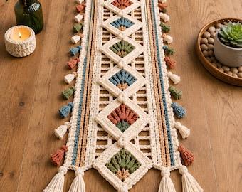 Häkelanleitung für einen Tischläufer (PDF), Tischläufer mit Rautenmuster, Boho-Stil, Sofort-Download