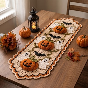 Halloween Crochet Table Runner Pattern, Pumpkin Ghost Bat Lace PDF, Spooky Farmhouse Decor