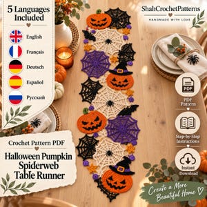 Halloween Table Runner Crochet Pattern PDF, Pumpkin Spiderweb Witch Hat Gothic Decor, 5 Languages