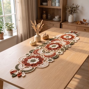 Può includere: Un lungo runner da tavola rettangolare all'uncinetto caratterizzato da un motivo floreale ripetuto nei toni del crema, dell'arancione bruciato e del verde oliva. Il design intricato consiste in grandi fiori centrali, fiori più piccoli e foglie.