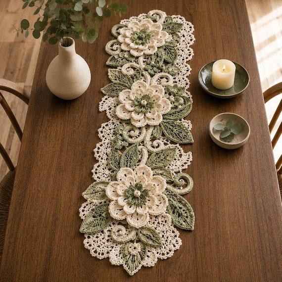 Luxury Floral Crochet Table Runner Pattern PDF, Flower Lace Crochet, Boho Farmhouse Decor DIY