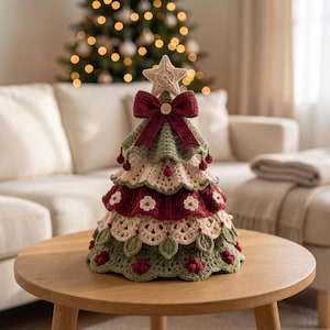 Puede incluir: Un adorno de árbol de Navidad de ganchillo en forma de cono con capas alternas de hilo verde salvia, crema y rojo oscuro. El árbol está rematado con una estrella de ganchillo color crema, un lazo rojo oscuro con un botón central y bayas.