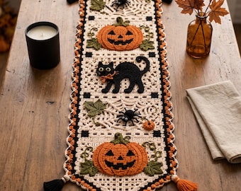 Halloween-Tischläufer-Häkelmuster, Kürbis-Katzen-Spinnennetz-Dekor (PDF), Tischdekoration im gotischen Landhausstil