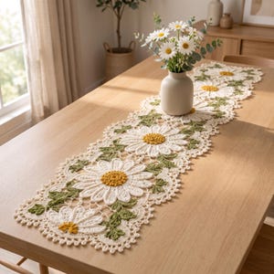 Crochet Daisy Table Runner Pattern PDF, Botanical Lace Farmhouse Dining Decor, Instant Download
