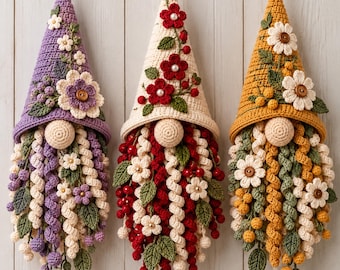 Häkelanleitung für einen floralen Gartenzwerg-Wandbehang (PDF), 3 Designs im Set, botanische Boho-Dekoration