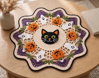 Halloween Crochet Doily Pattern PDF, Black Cat Pumpkin Ghost Table Topper, Spider Web Crochet