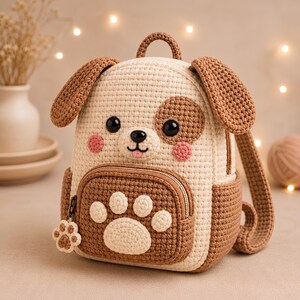 May include: A crochet backpack shaped like a puppy with cream and brown yarn. The bag features floppy ears, black plastic eyes, a small nose, pink cheeks, and a front pocket decorated with a large cream-colored paw print and a paw-shaped zipper pull.