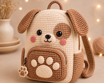 Può includere: Uno zaino all'uncinetto a forma di cucciolo realizzato con filato color crema e marrone. La borsa presenta orecchie cadenti, occhi in plastica nera, un naso piccolo, guance rosa e una tasca frontale decorata con una grande impronta di zampa.