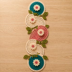 May include: A long, vertical crochet table runner featuring a series of interconnected circular and shell-shaped motifs. The design incorporates cream, teal, and dusty rose yarn colors, accented with small, detailed green crocheted leaves.