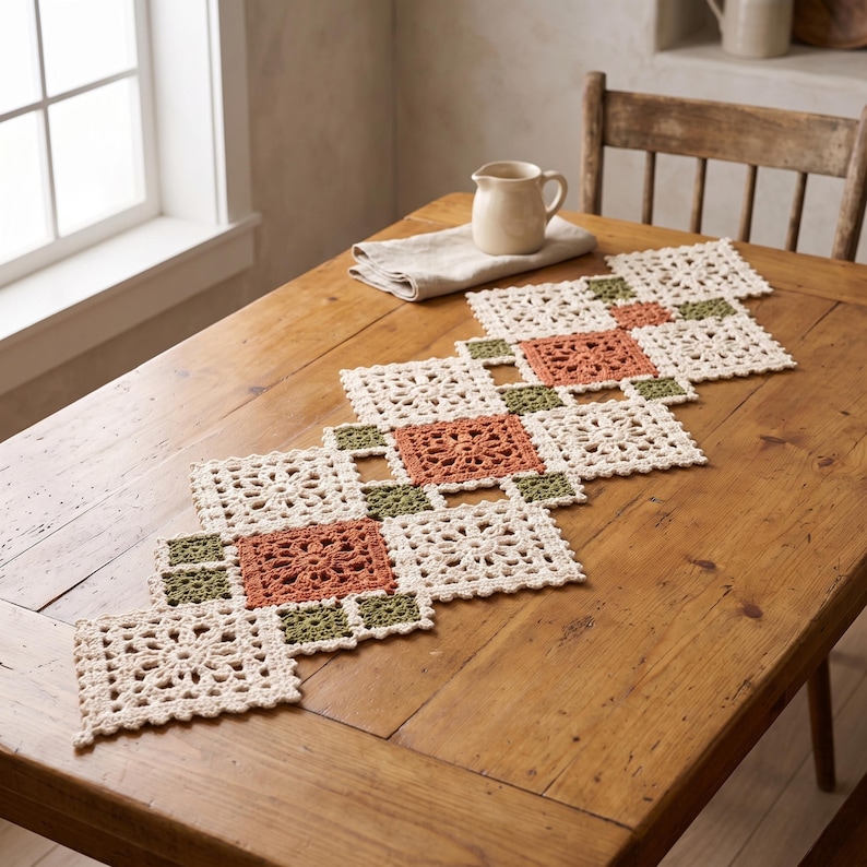 May include: A rectangular crochet table runner featuring a repeating pattern of cream-coloured floral squares interspersed with smaller solid olive green squares and larger terracotta-coloured floral squares, all joined together in a geometric arrangement.