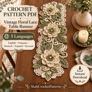 Floral Lace Table Runner Crochet Pattern PDF, Layered Flower Leaf Centerpiece, Vintage Home Decor, 5 Languages