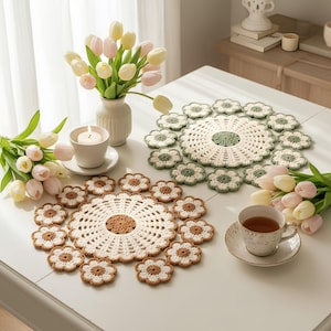 Crochet Flower Doily Table Set Pattern (PDF Download), Beginner Cottagecore Home Decor