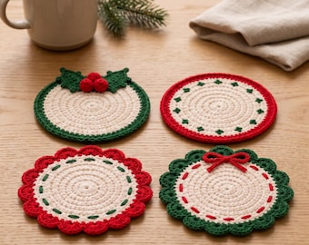 Weihnachts-Untersetzer als Häkelanleitung (PDF), 4 festliche Designs, Tischdekoration mit Stechpalmenbeeren