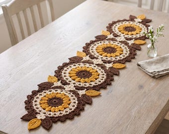 Tischläufer-Muster mit Herbst-Sonnenblumenmuster (PDF), gehäkelte florale Landhausdeko mit gewelltem Rand