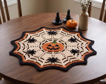 Halloween-Spinnennetz-Häkelanleitung (PDF), Kürbis-Tischset mit Spinnen, Halloween-Dekoration