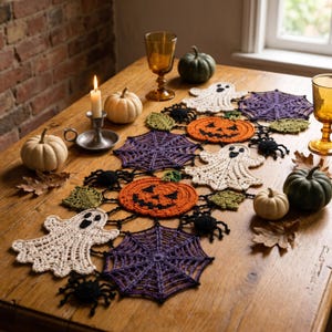 Patrón PDF para camino de mesa de ganchillo de Halloween, decoración de encaje de telaraña con calabazas fantasma, descarga instantánea.