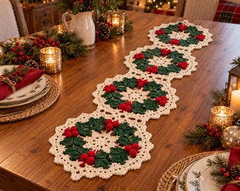 Holly Berry Table Runner Crochet Pattern, Christmas Wreath Lace PDF, Festive Dining Decor, Winter Centerpiece