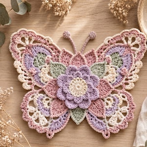 May include: A crochet butterfly applique featuring a central layered flower in shades of cream, lavender, and sage green. The wings are constructed with intricate openwork patterns in dusty rose, cream, and lavender, finished with two antennae.