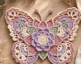 Crochet Butterfly Pattern PDF, Floral Applique Crochet, Pastel Flower Motif, Lace Decor, Instant Download