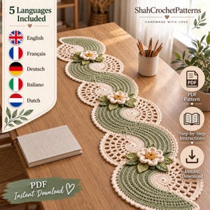 Sage Floral Crochet Table Runner Pattern PDF, Botanical Paisley Lace Home Decor (Digital Download)